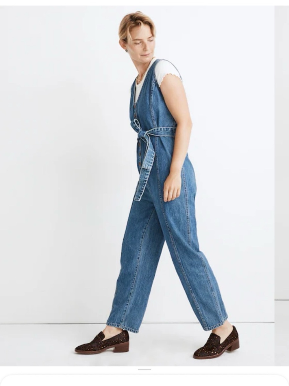 Madewell denim jumpsuit belt tie size Small